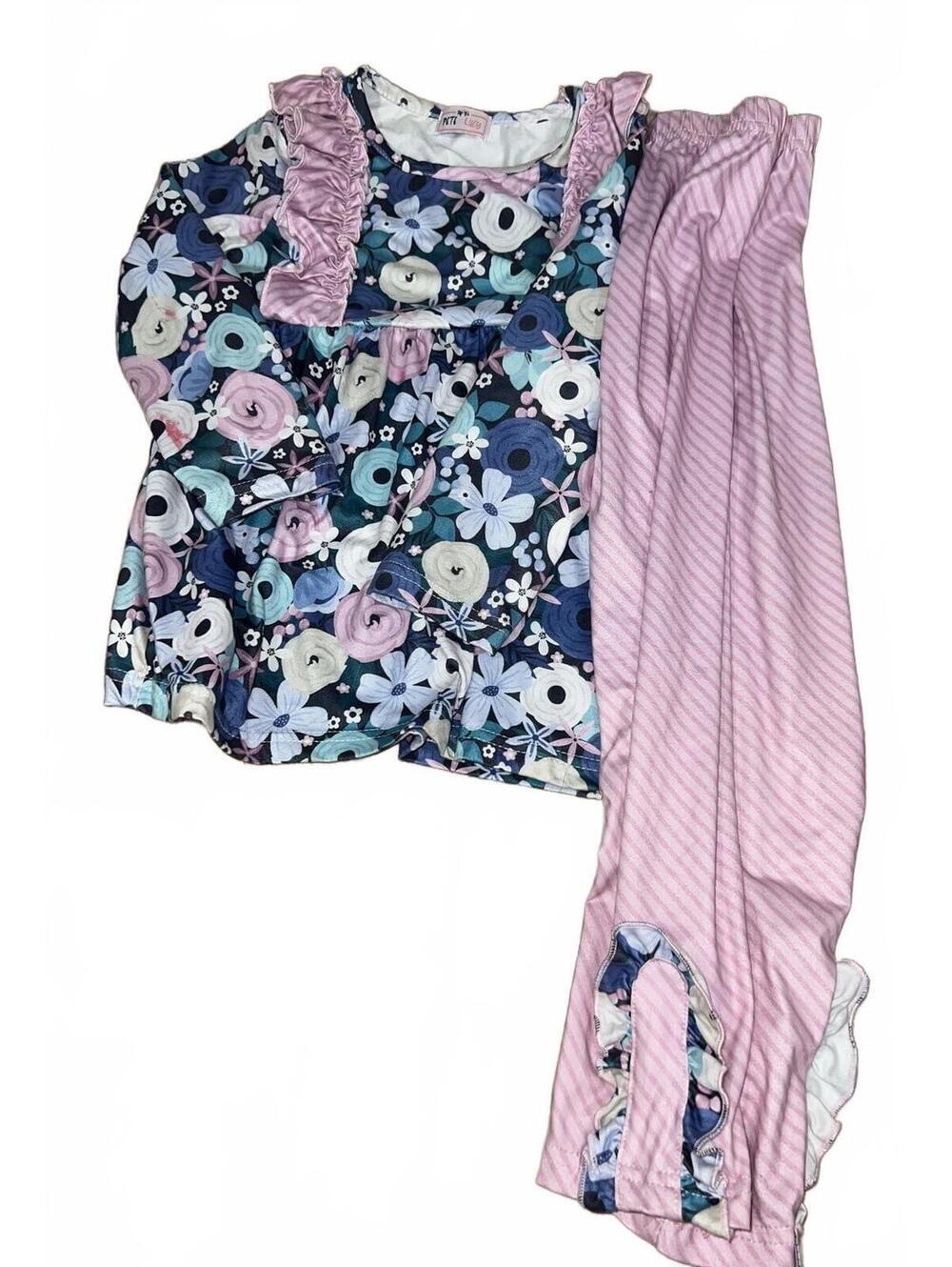 Pete + Lucy Girls Floral and Pink Striped‎ Pajama Set with Ruffle Details